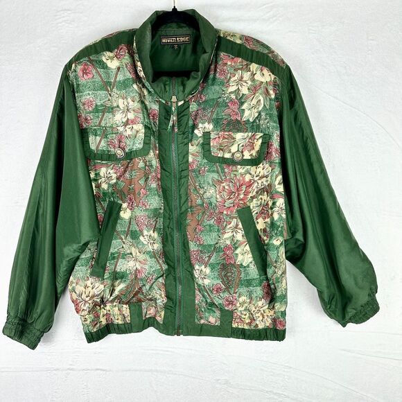 Vintage River Edge Silk Floral Windbreaker Bomber Jacket Size Large Green - Picture 1 of 8
